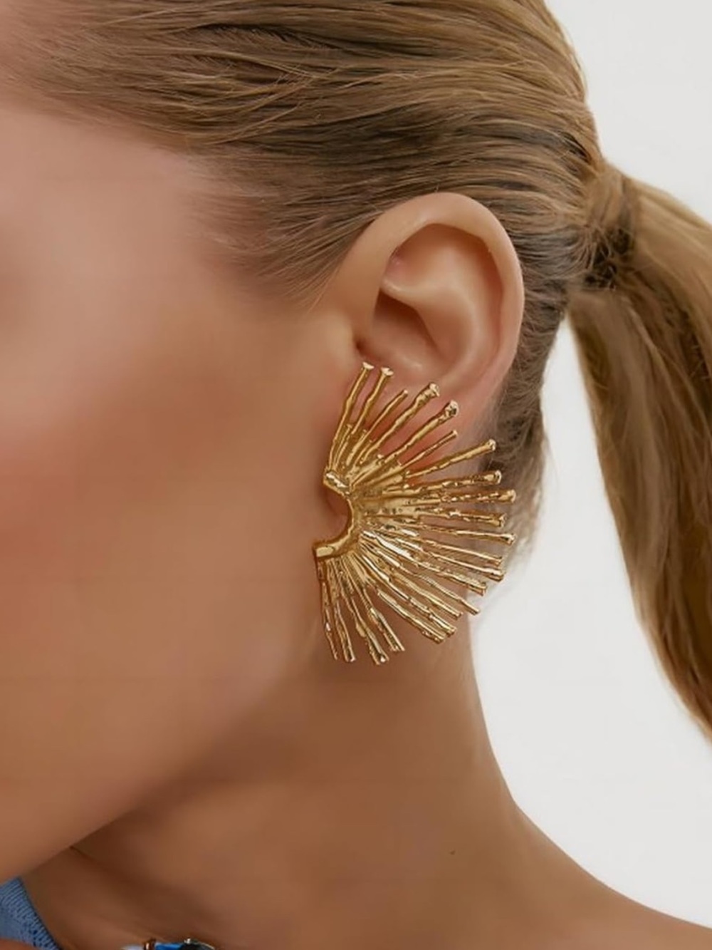 Sunburst Textured Gold Statement Earrings - Picture 2 of 4